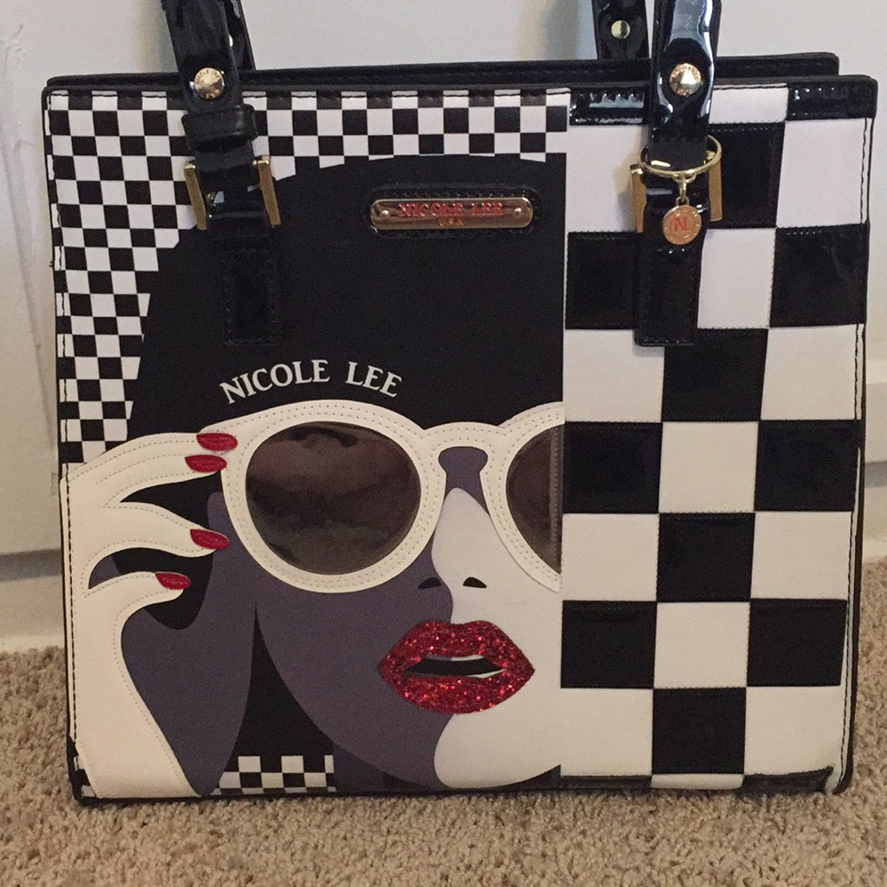 Nicole Lee Bag NWOT Black White Checkerboard Red